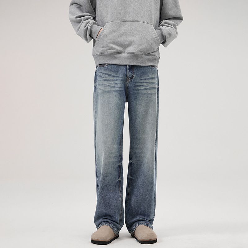 LKTM Retro Washed Wide Leg Jeans Midweight Polyester Loose Straight Leg Pants for Men And Women Trendy Versatile Blue Jeans_mkmklike.com