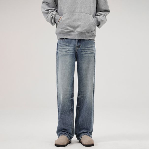 LKTM Retro Washed Wide Leg Jeans Midweight Polyester Loose Straight Leg Pants for Men And Women Trendy Versatile Blue Jeans_mkmklike.com