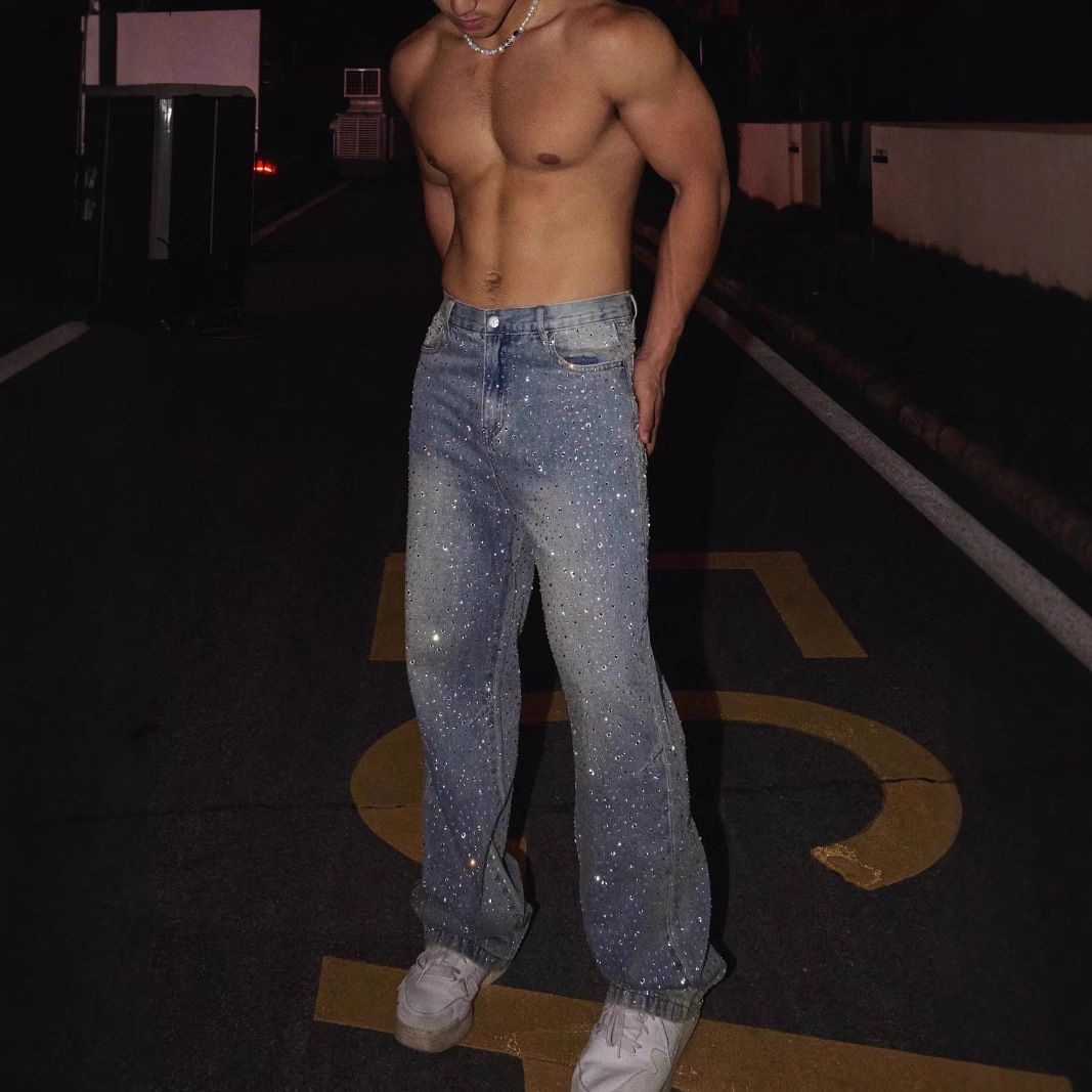 Men's Clothing New High Street Staple Full Diamond Jeans Men's Niche Flash Diamond Retro Straight Trousers_mkmklike.com