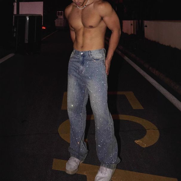 Men's Clothing New High Street Staple Full Diamond Jeans Men's Niche Flash Diamond Retro Straight Trousers_mkmklike.com