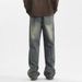 Vintage Washed Straight Leg Denim Pants For Men - Relaxed Fit High Waist Baggy Jeans With Distressed Details_mkmklike.com