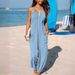Women's Clothing deep V halterneck sleeveless pleated pocket back tie wide leg cuff long jumpsuit_mkmklike.com