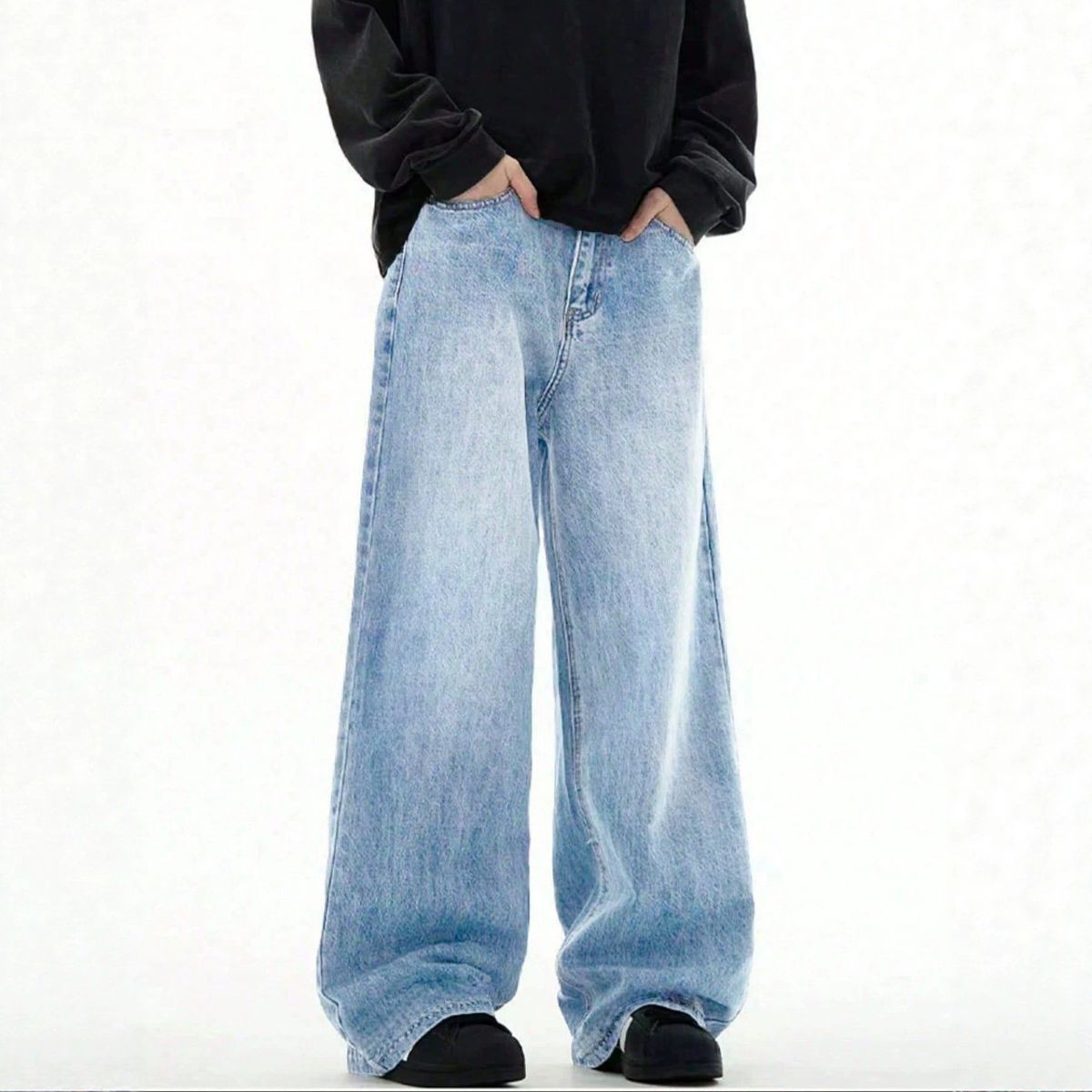 Vintage Washed Straight Leg Jeans For Men, Comfortable Relaxed Fit Denim Trousers, Casual Loose Wide Leg Pants_mkmklike.com