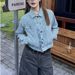 Women's American Retro Striped Denim Jacket Loose Fitting Button down Cardigan Style Casual Short Top Trendy Autumn Wear_mkmklike.com