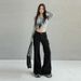 Khaki Large-pocket Workwear Jeans Women, Autumn And Winter, Loose, Floor-length, Casual, Stretchy Flared Pants,_mkmklike.com