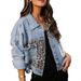 Women's Distressed Leopard Print Denim Jacket Button Down Washed Long Sleeve Ripped Cheetah Design_mkmklike.com