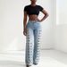 High Waisted Women's Jeans European American Style Metallic Cutout Washed Straight Leg Floor Length Denim_mkmklike.com