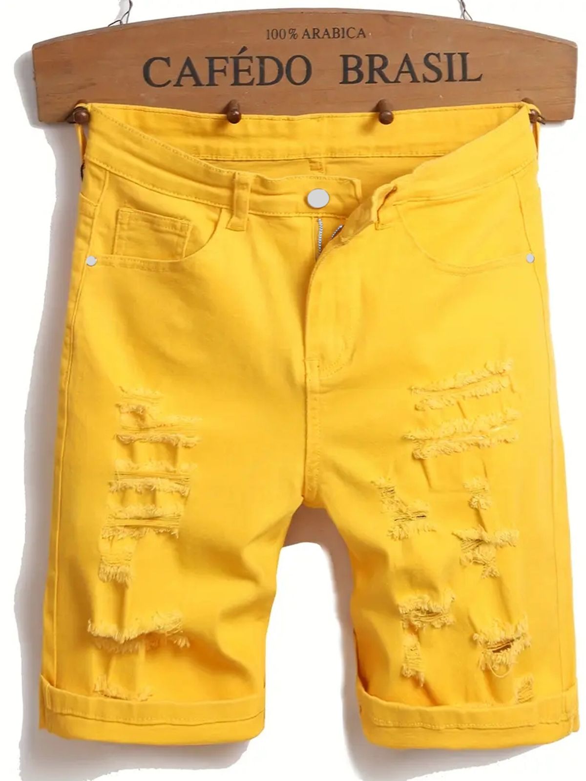 Men's Denim Shorts With Multiple Holes, Crafted Design Sense, Yellow Elastic Mid Length Straight Leg Worn Men's Pants_mkmklike.com