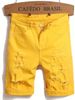 Men's Denim Shorts With Multiple Holes, Crafted Design Sense, Yellow Elastic Mid Length Straight Leg Worn Men's Pants_mkmklike.com