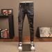 Men's Distressed Black/Gray Slim Fit Jeans – Stretch Denim With Ripped & Patched Details, Straight Leg Casual Pants_mkmklike.com