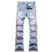 Men's Flared Jeans Retro 70s Style High Waist Wide Leg Denim Pants With Embroidered Plum Blossom Design - Light Blue_mkmklike.com