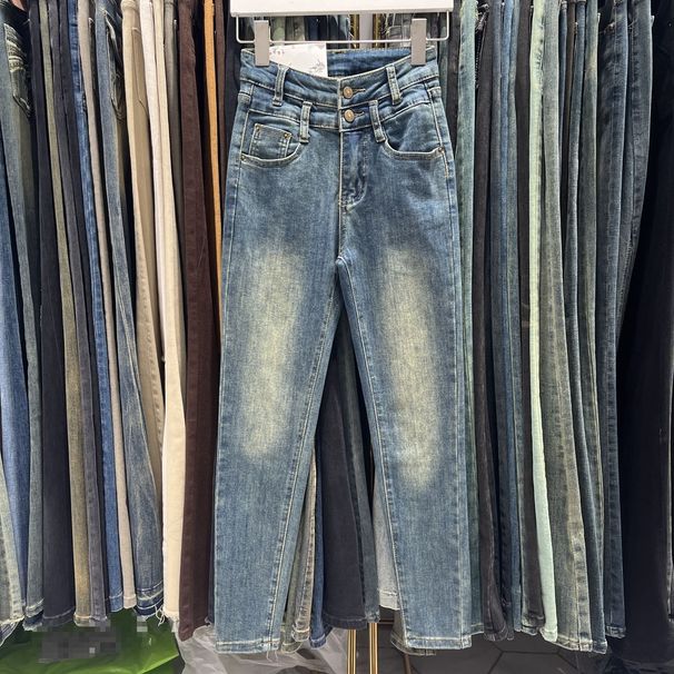 Women's Clothing High Waist Buttoned Pencil Pants Versatile Elastic Slim Fit Leg Lengthening Skinny Pants Trousers Fashionable Jeans_mkmklike.com