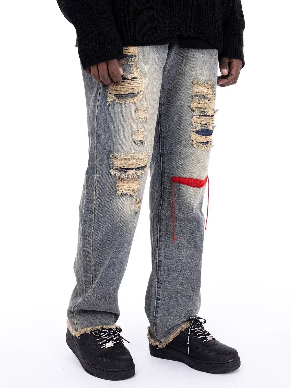 2023 high street American retro washed patchwork jeans men's loose straight hiphop drape pants_mkmklike.com