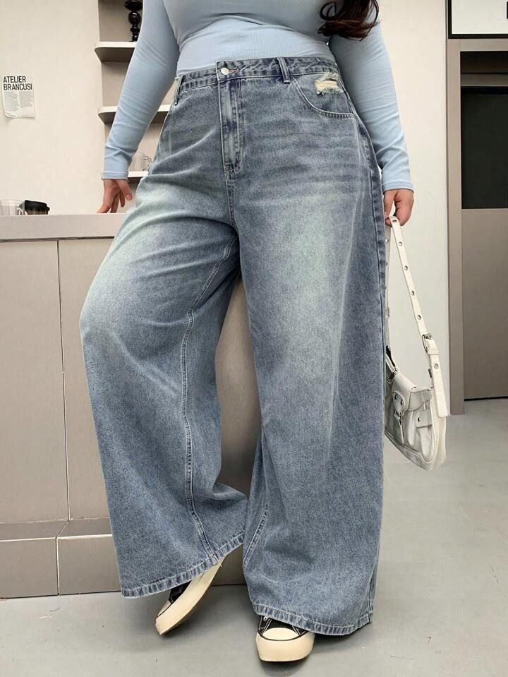 Blue Wide-Leg Distressed Jeans For Women – Extra Long, Relaxed Fit, High Waist, Vintage Streetwear (Cotton-Blend, S-XL, Oversized & Effortless)_mkmklike.com