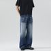 Men's Dark Blue Washed Whiskered A Line Straight Leg Jeans Unisex Versatile Couple Pants_mkmklike.com