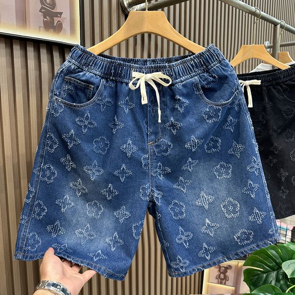 Summer Jacquard Denim Shorts for Men Light Luxury Monogram Pattern European Style Casual Breathable Beach Five Point Pants_mkmklike.com