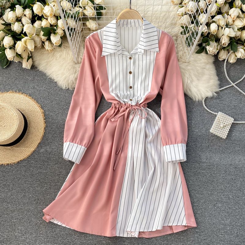 Women's Clothing New Striped Splicing College Style Dress Women's Design Super Fairy Korean Style Temperament Shirt Dress_mkmklike.com