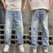Men's Distressed Patchwork Straight Leg Jeans - Washed Denim With Elastic Waist & Drawstring For Casual Wear_mkmklike.com
