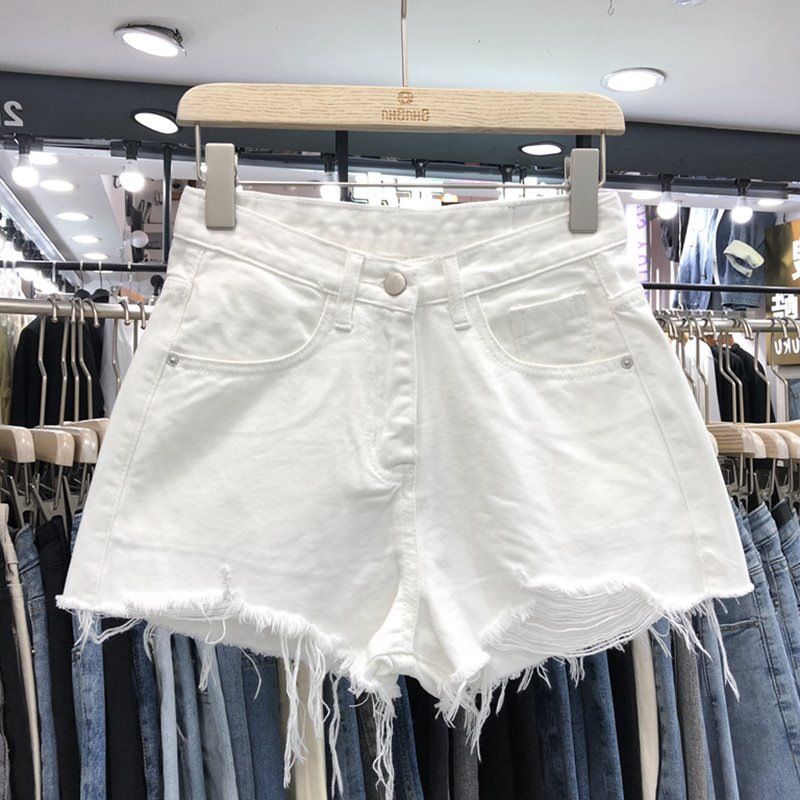 Women’s High-Waisted Distressed Denim Shorts – Frayed Hem & Button Details, Summer Casual Shorts In Black & More_mkmklike.com