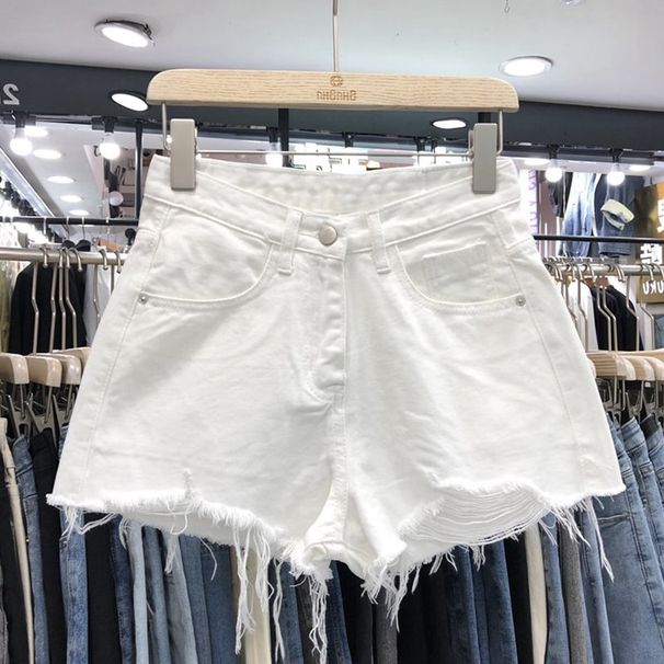 Women’s High-Waisted Distressed Denim Shorts – Frayed Hem & Button Details, Summer Casual Shorts In Black & More_mkmklike.com