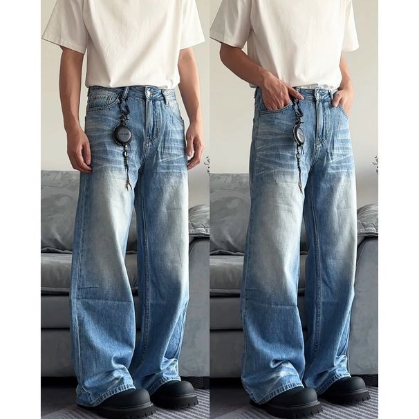 Men's Clothing Retro Denim Jeans Summer Wash Pleated Casual Loose Wide Leg Slimming Floor Length_mkmklike.com