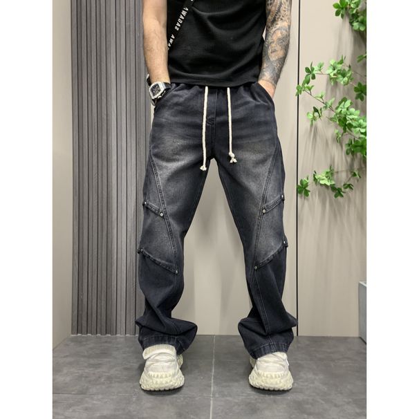 Men's Retro Flared Jeans High Waist Straight Leg Loose Fitting Cool Stylish Trendy Zipper Slit Trousers High Street Vibe_mkmklike.com