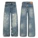 Men's Distressed High-Street Blue Jeans Raw Hem Paint Splatter Washed Denim Non-Stretch Cotton Blend S-XL_mkmklike.com