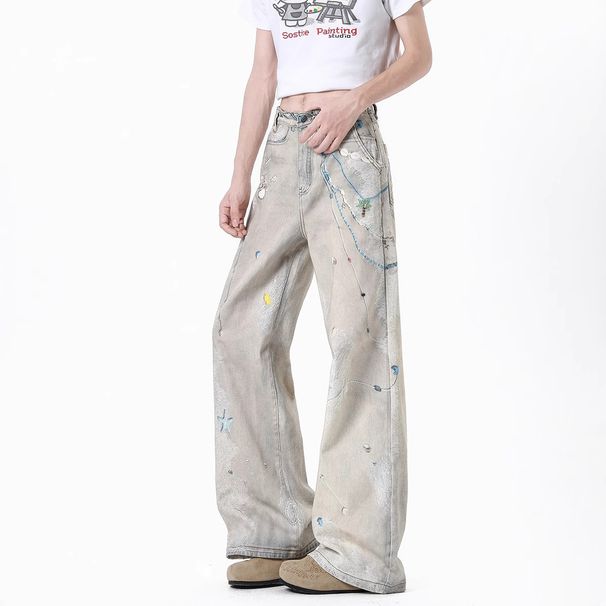 Men's Hip Hop Pearl Lace Denim Jeans - High Street Summer Straight Leg Distressed Wash Casual Pants For Teens & Young Adults_mkmklike.com