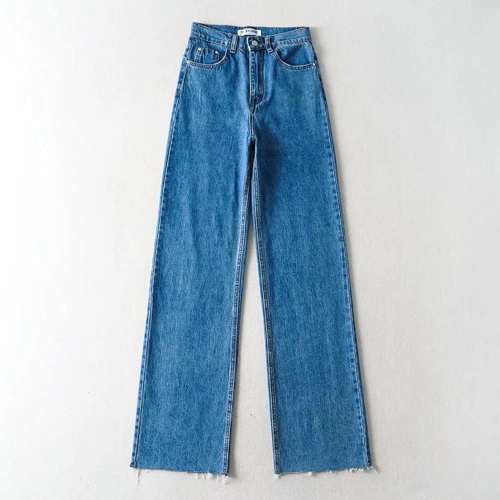 Women's Clothing Floor Length Raw Edge Denim Trousers High Waisted Loose Slim Straight Leg Wide Leg Jeans _mkmklike.com