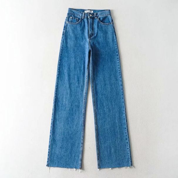 Women's Clothing Floor Length Raw Edge Denim Trousers High Waisted Loose Slim Straight Leg Wide Leg Jeans _mkmklike.com