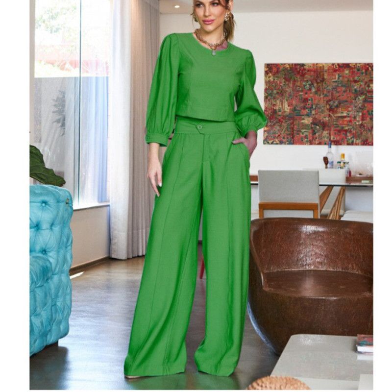 Women's clothing new fashion short long-sleeved tops high-waisted wide-leg pants two-piece set_mkmklike.com