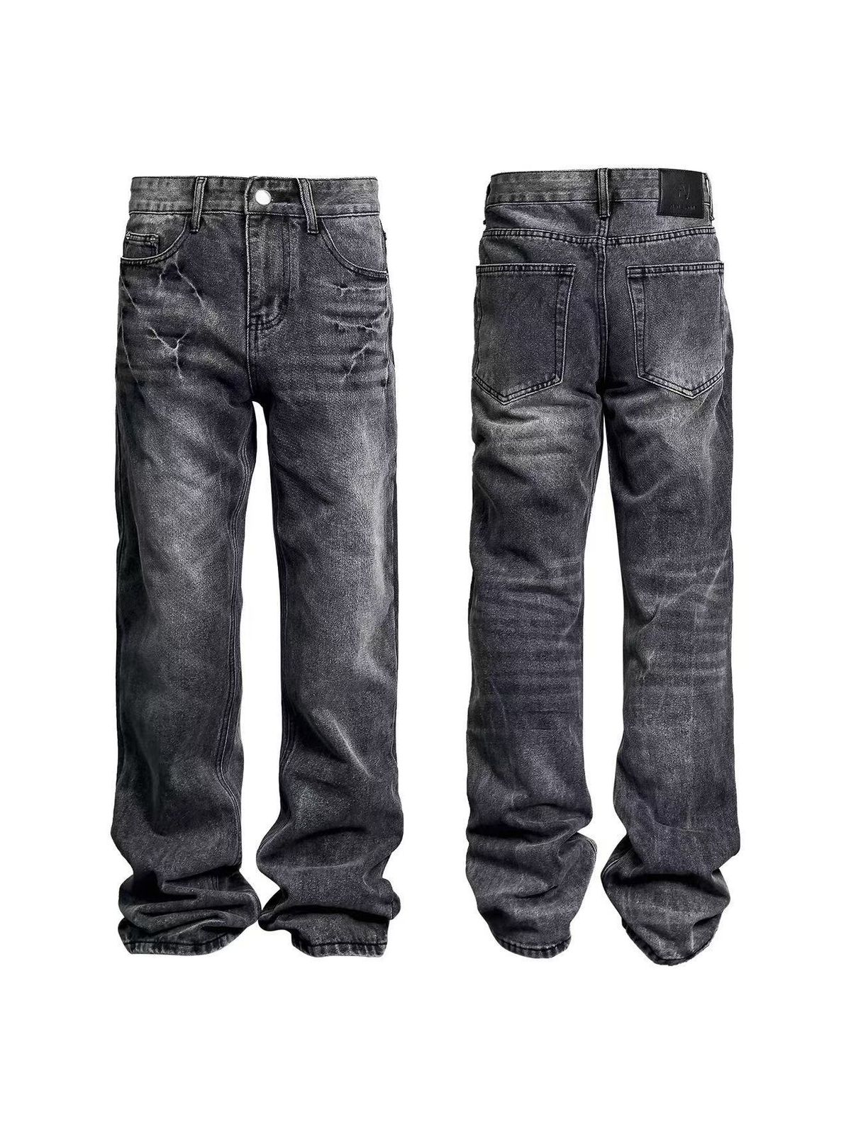 Men's Distressed Washed Denim Jeans - Mid-Rise Straight Bootcut Pants With Lightning Crack Design, Clean Fit Stretch-Free Cotton For Casual_mkmklike.com
