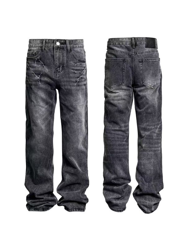 Men's Distressed Washed Denim Jeans - Mid-Rise Straight Bootcut Pants With Lightning Crack Design, Clean Fit Stretch-Free Cotton For Casual_mkmklike.com