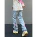 Men's Pink Embroidered Washed Jeans - Loose Straight Fit, Trendy Casual Wear For Everyday Comfort_mkmklike.com