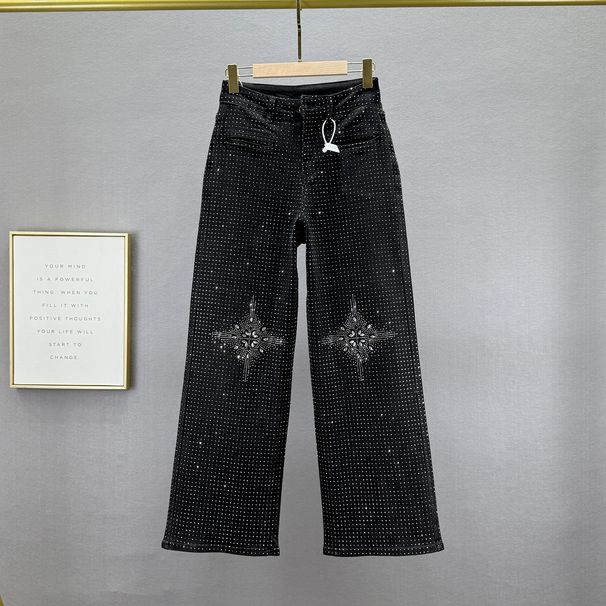 Women's High-Waisted Rhinestone Embellished Denim Jeans Heavy Duty Loose Fit Slimming Wide Leg Trousers European Style Trendy 2026 Spring Autumn_mkmklike.com