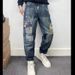 Men's Slim Fit Stretch Jeans Patch Embroidered Distressed Casual Trousers High End Retro Style Spring Trend_mkmklike.com