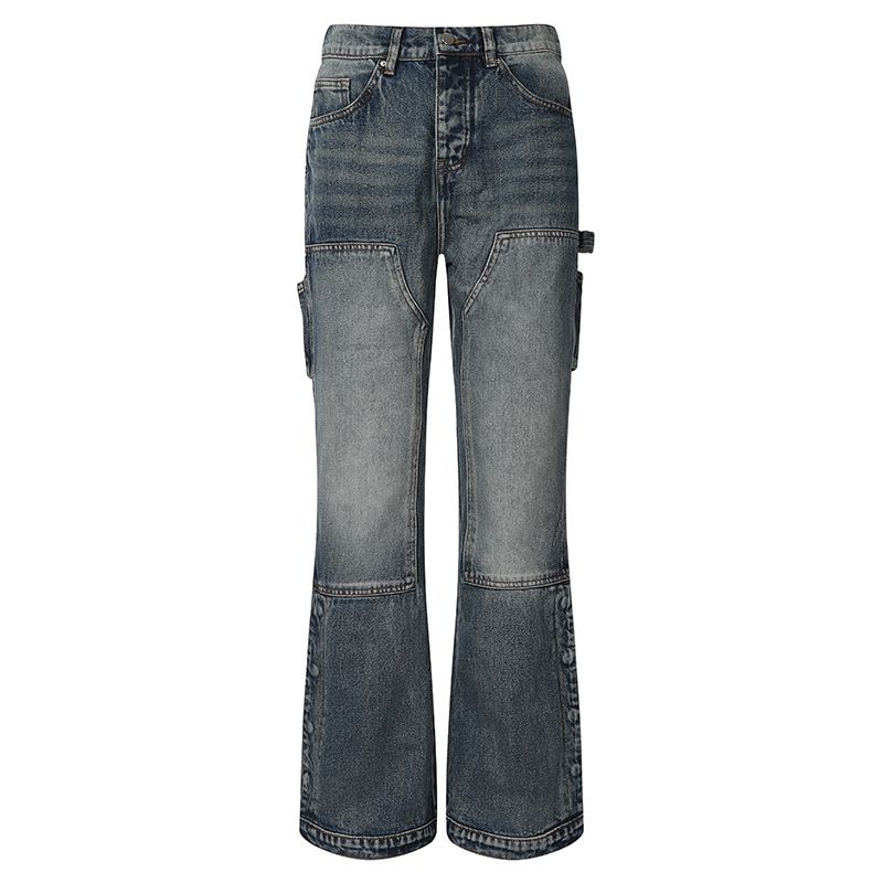 Men's Clothing Exclusive Washed Blue Vintage Jeans Men's Street Stitching Multi Pocket Hem Split Buckle Straight Trousers_mkmklike.com