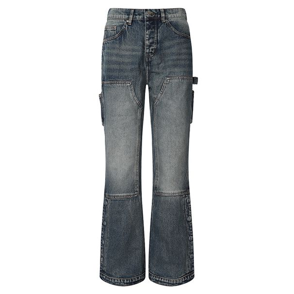 Men's Clothing Exclusive Washed Blue Vintage Jeans Men's Street Stitching Multi Pocket Hem Split Buckle Straight Trousers_mkmklike.com