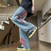 Men's Clothing Menswear American High Street Fashion Brand Striped Design Versatile Jeans, Straight Leg Pants, Wide Leg Pants, Color Blocked Pants_mkmklike.com