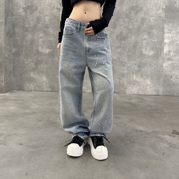 Unisex Black Straight-Leg Jeans With Star Embellishments – Relaxed Wide-Fit Denim Pants With Distressed Wash & Rhinestone Details_mkmklike.com