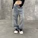 Unisex Black Straight-Leg Jeans With Star Embellishments – Relaxed Wide-Fit Denim Pants With Distressed Wash & Rhinestone Details_mkmklike.com