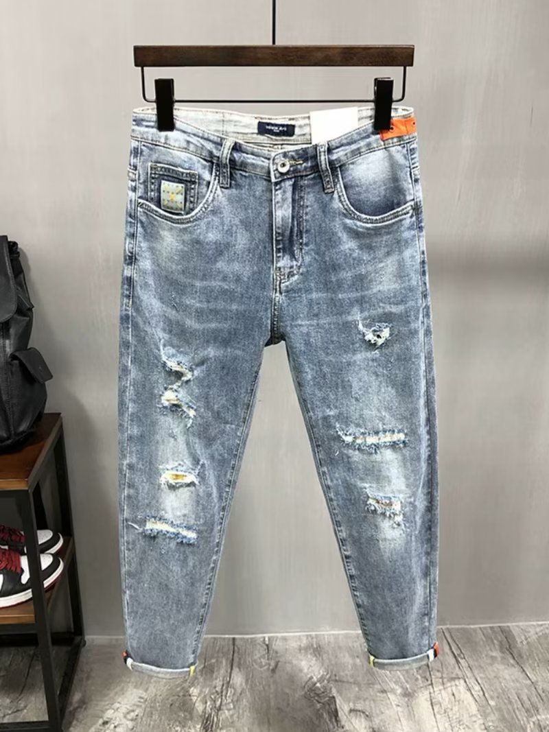 Men's Clothing Men's Ripped Skinny Jeans High Street Style Casual Slim Fit Elastic Nine Point Pants For Autumn Winter Trendy Beggar Wear_mkmklike.com