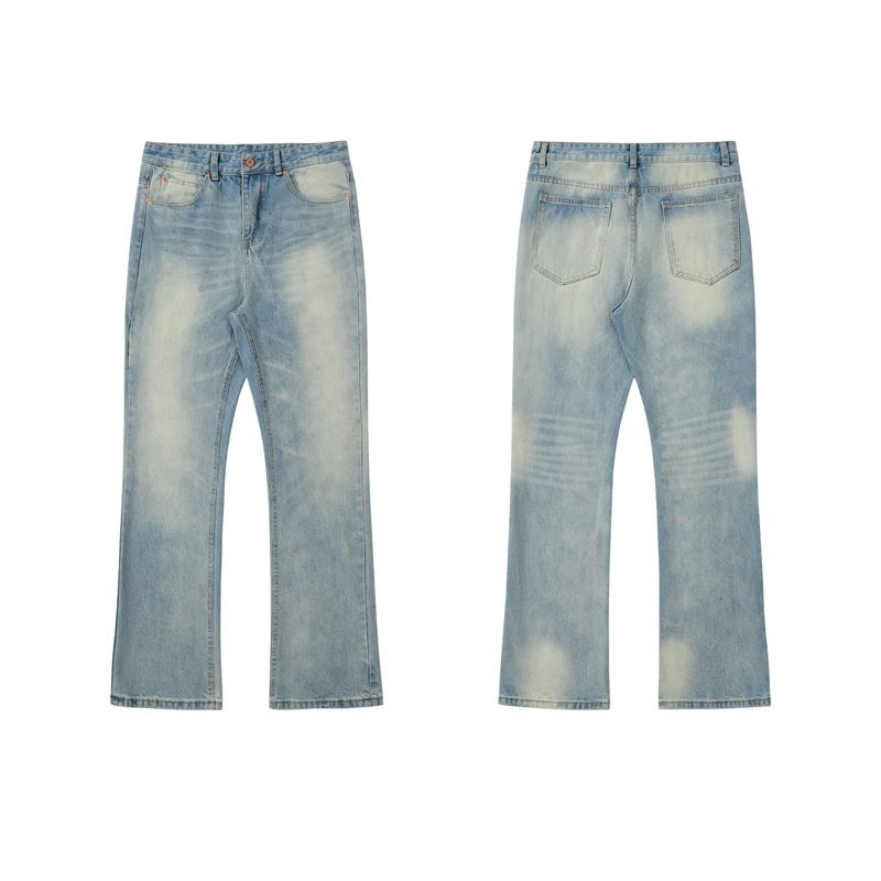 Men's Clothing Distressed Vintage Ice Blue Cream Grey Whisker Scratched Flared Jeans_mkmklike.com