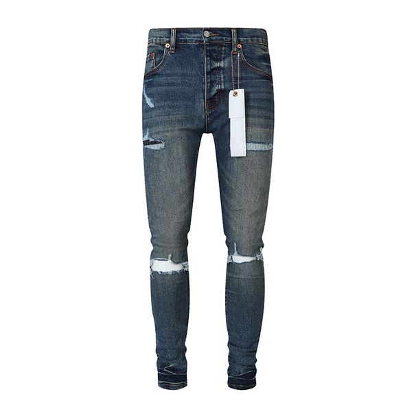Men's Distressed Skinny Jeans - Vintage Blue Washed Stretch Denim Pants With Knee Slits & Strategic Fading, Slim Fit Streetwear Essential_mkmklike.com