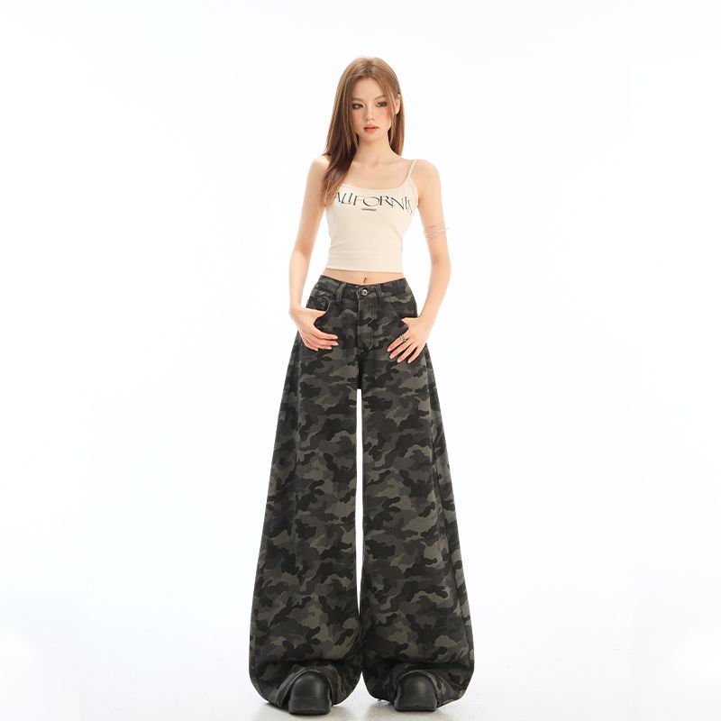American High Street Workwear Wide-Leg Camouflage Jeans For Petite Women 2026 New High-Waisted Slimming Loose Straight_mkmklike.com