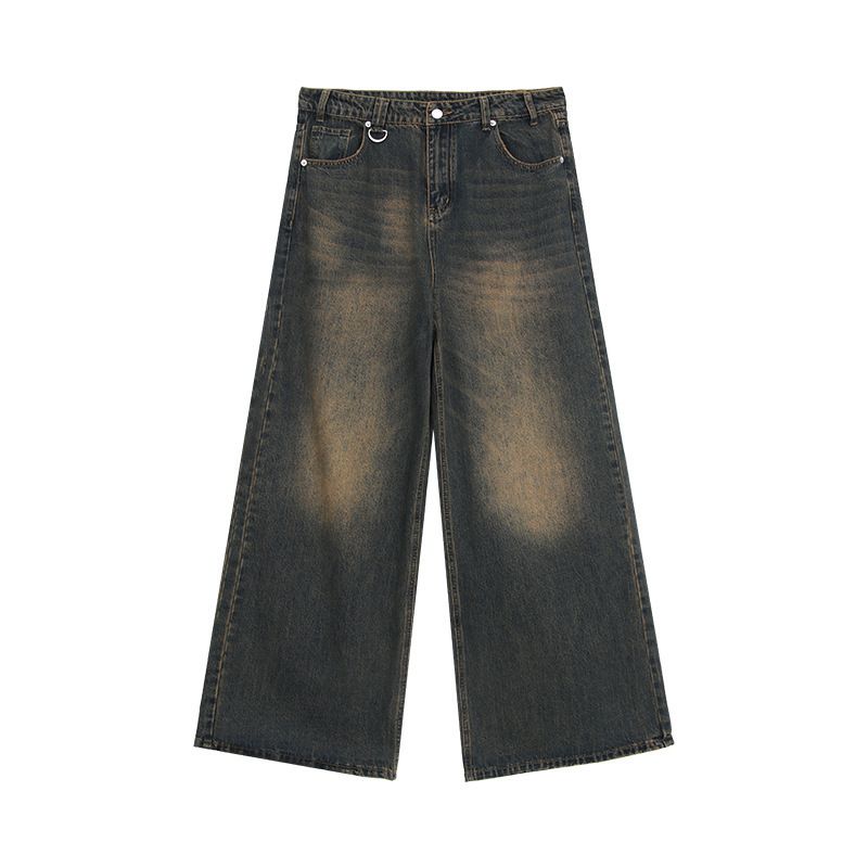 Men's Niche Worn And Distressed Retro Washed Straight Jeans Loose Versatile Wide Leg Floor Length Trousers For Autumn_mkmklike.com