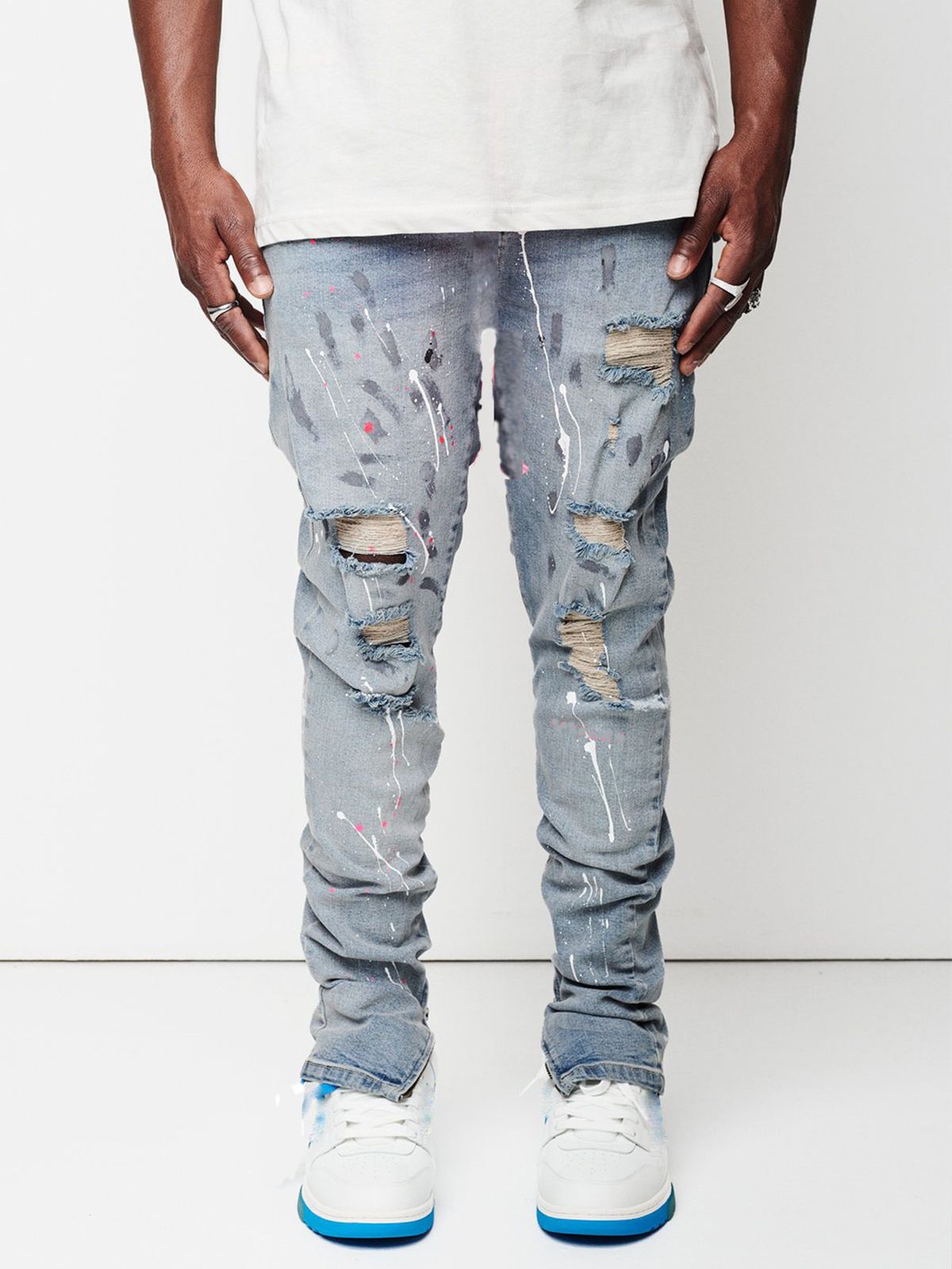 Suitable For All Seasons Slim Fit Ripped Skinny New Men's Painted Jeans_mkmklike.com