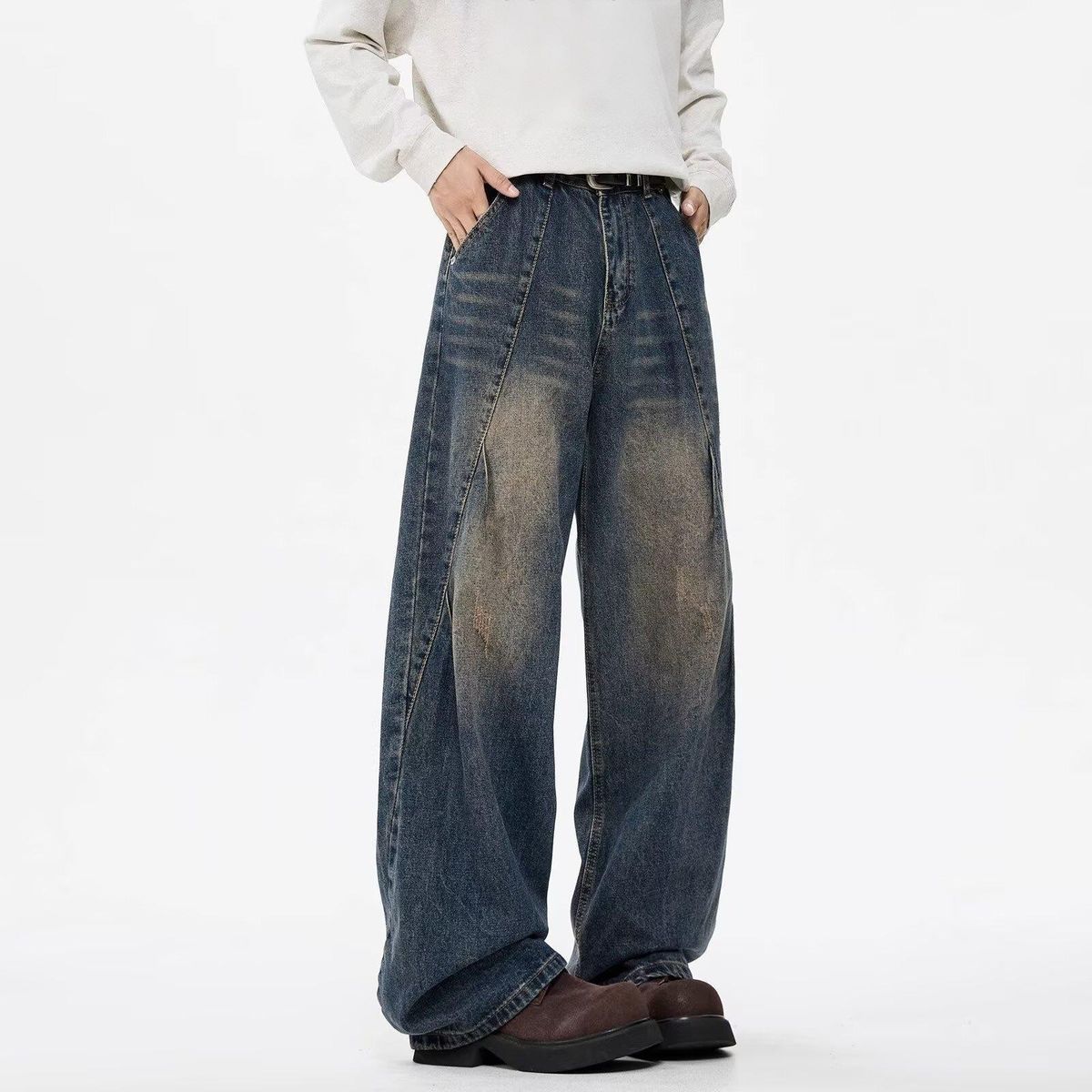 Men's Deconstructed Wide-Leg Jeans – 2025 Retro Washed Denim Pants With High Street Aesthetic, Relaxed Straight Fit (S-3XL, 14 Colors)_mkmklike.com