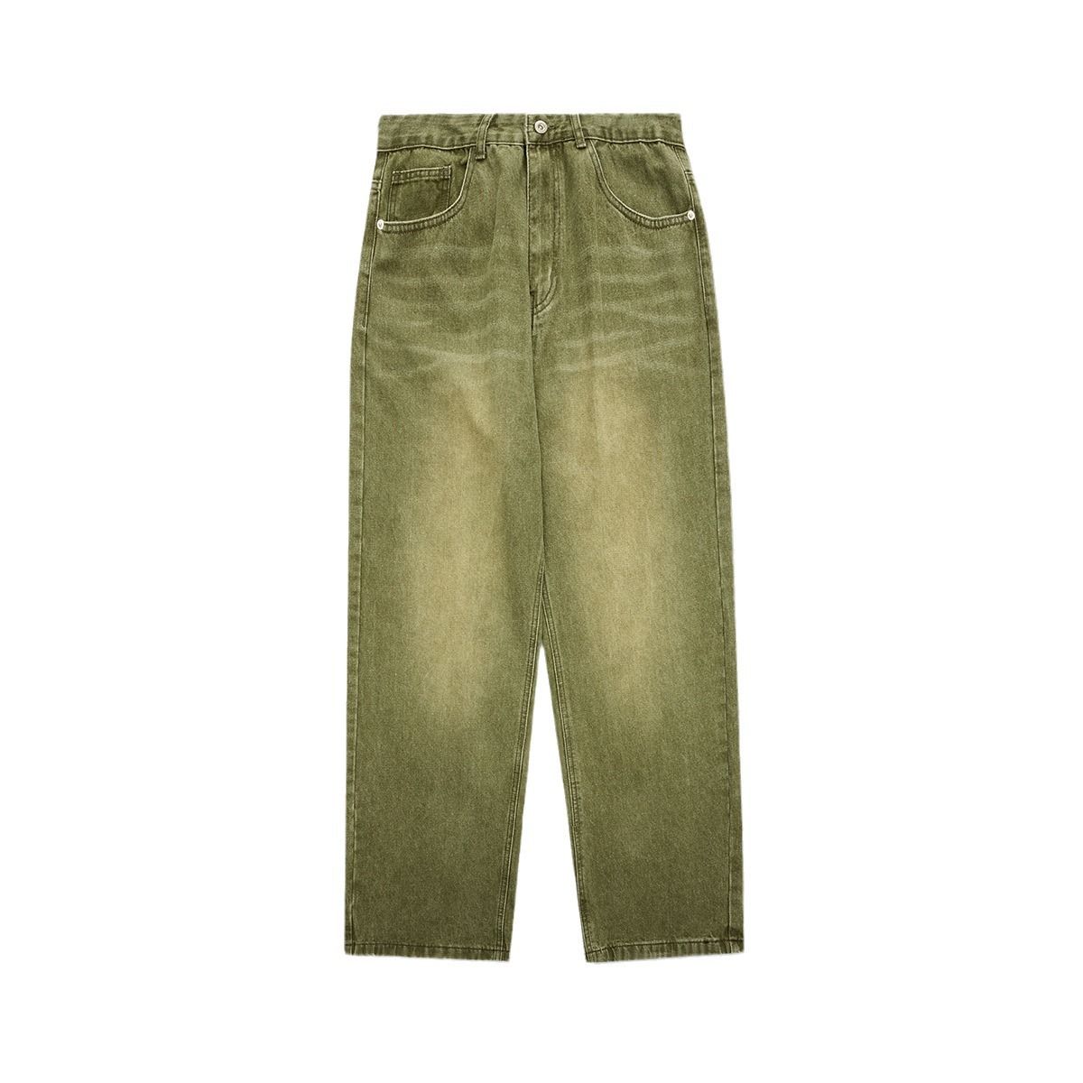 Men’s Retro Green Wide-Leg Jeans – Slimming Straight Fit, Mid-Rise Casual Pants (XS-XL)_mkmklike.com