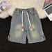 Men's Washed Distressed Denim Shorts Summer Thin Loose American Retro Style Trendy Versatile Five Point Pants_mkmklike.com